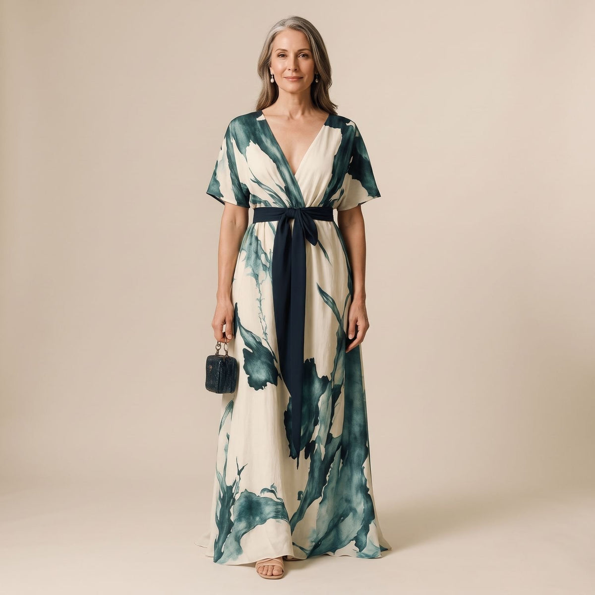Women's Watercolor Floral V-Neck Tie-Waist Maxi Dress