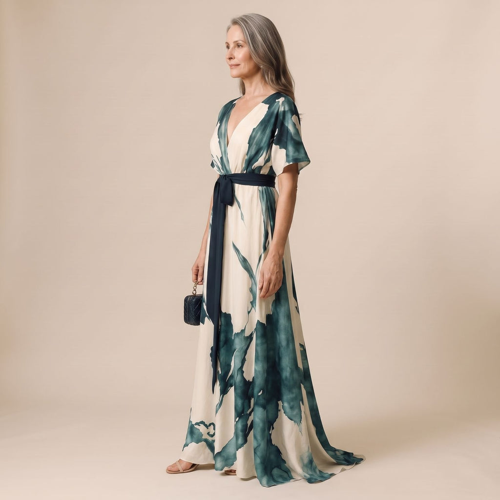 Women's Watercolor Floral V-Neck Tie-Waist Maxi Dress