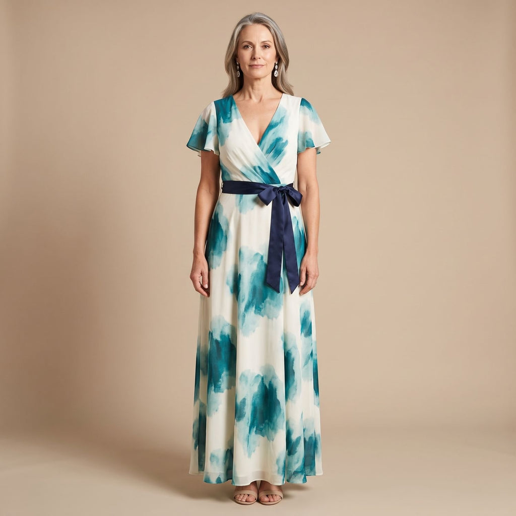 Women's Watercolor Floral V-Neck Tie-Waist Maxi Dress