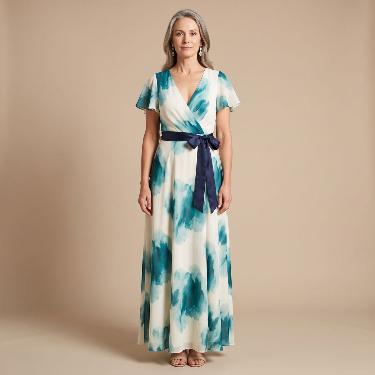 Women's Watercolor Floral V-Neck Tie-Waist Maxi Dress