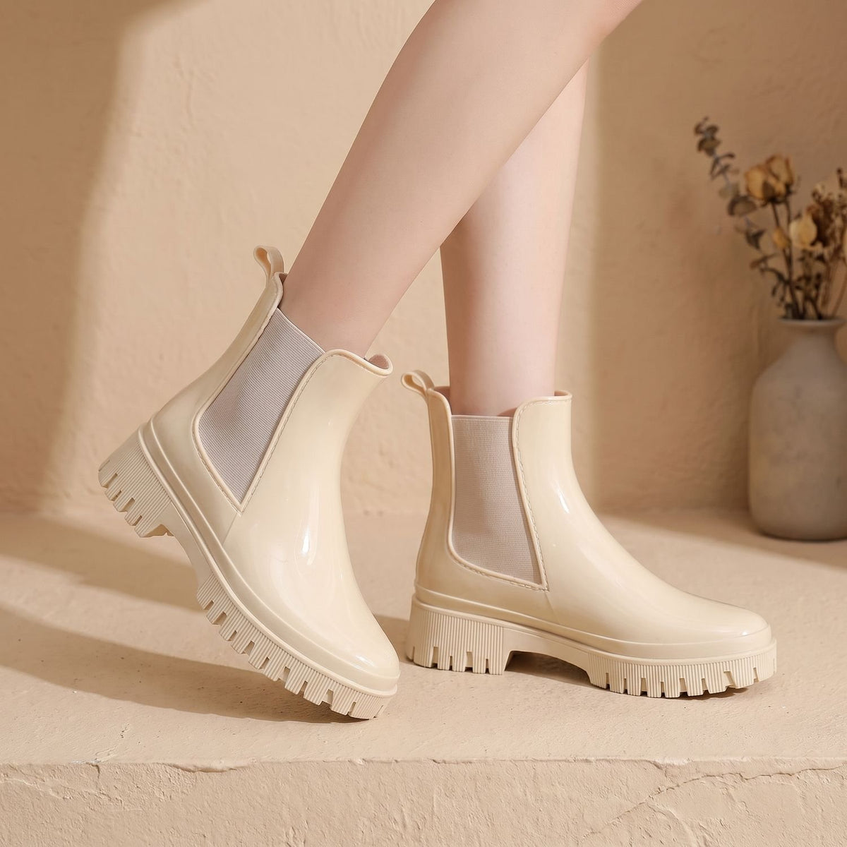 Women's Waterproof Chunky Chelsea Rain Boots - Beige