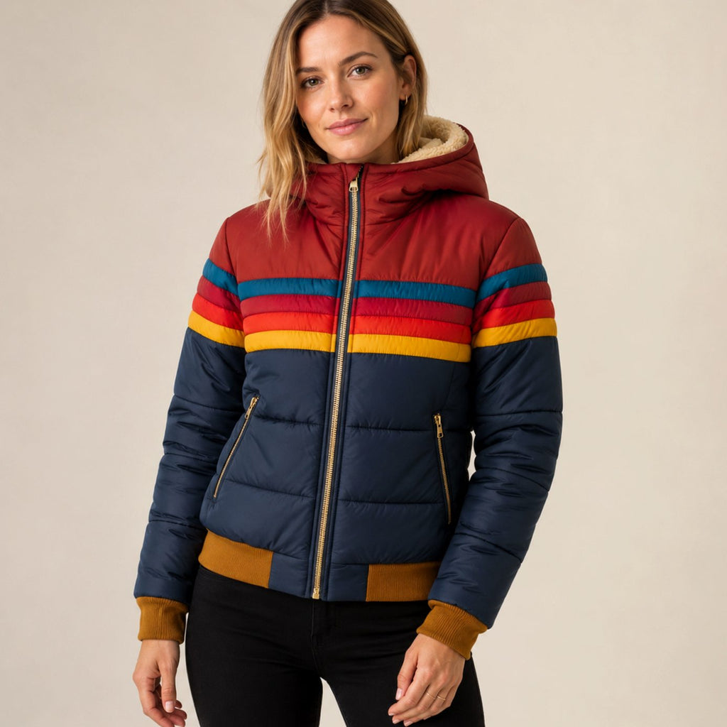Women's Waterproof Color-Block Hooded Puffer Jacket - Navy