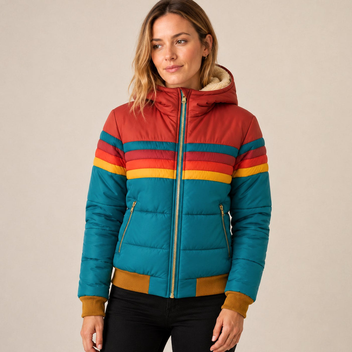 Women's Waterproof Color-Block Hooded Puffer Jacket - Blue