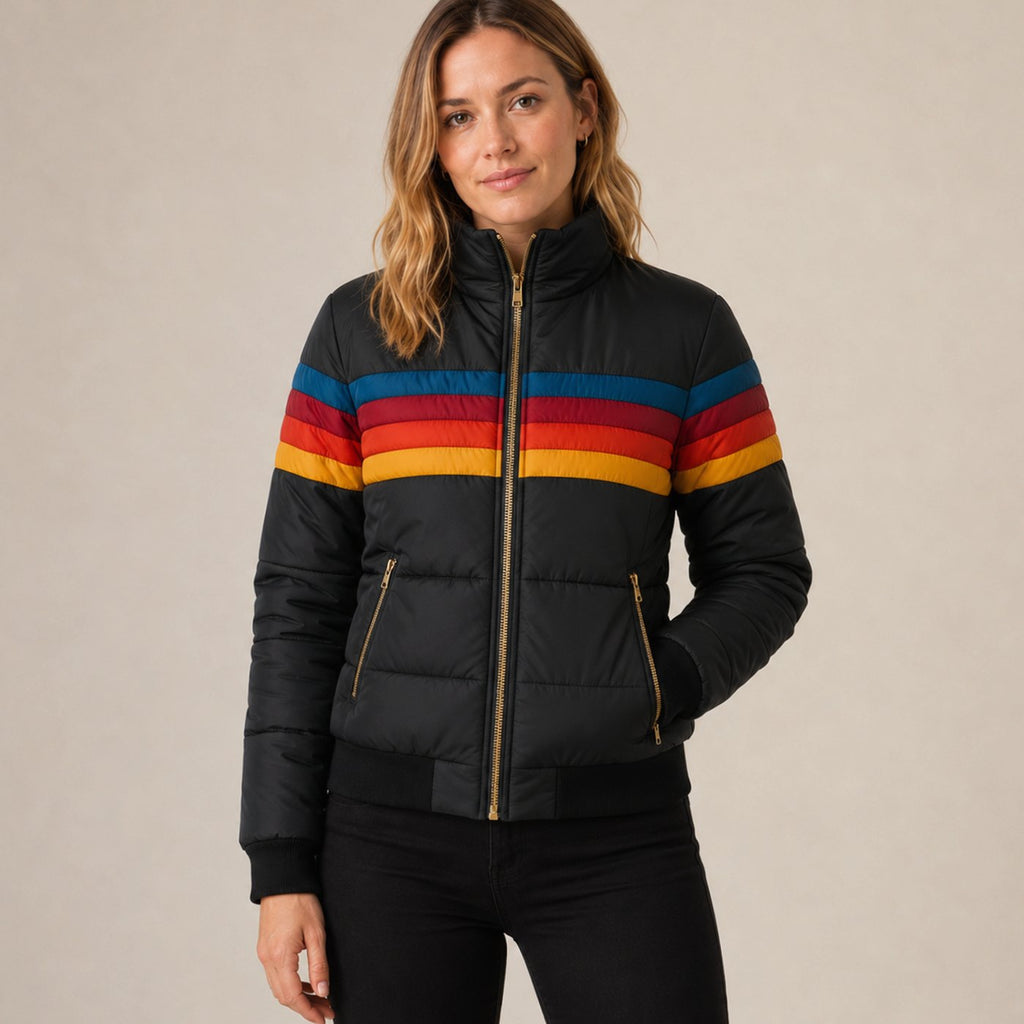 Women's Waterproof Color-Block Hooded Puffer Jacket - Black