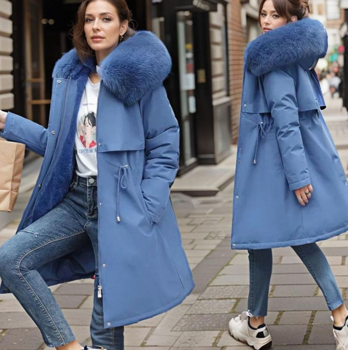 Women's Waterproof Hooded Faux-Fur Trim Winter Parka Coat - Blue