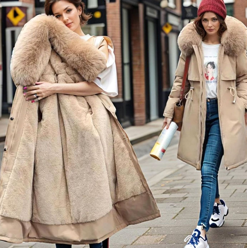 Women's Waterproof Hooded Faux-Fur Trim Winter Parka Coat - Beige
