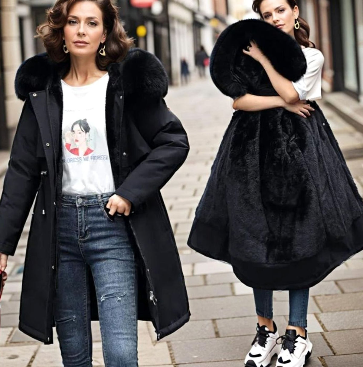 Women's Waterproof Hooded Faux-Fur Trim Winter Parka Coat - Black