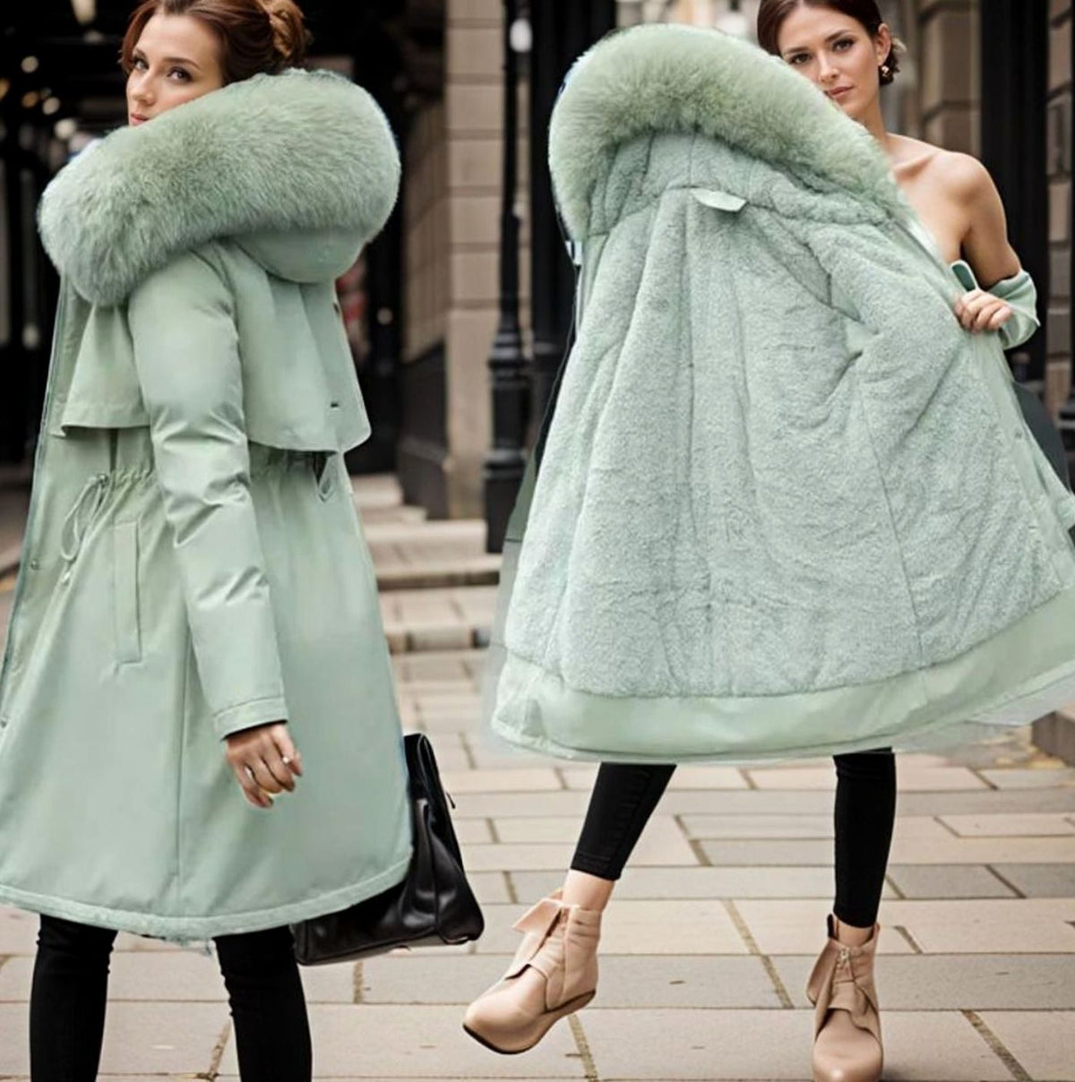 Women's Waterproof Hooded Faux-Fur Trim Winter Parka Coat - Green