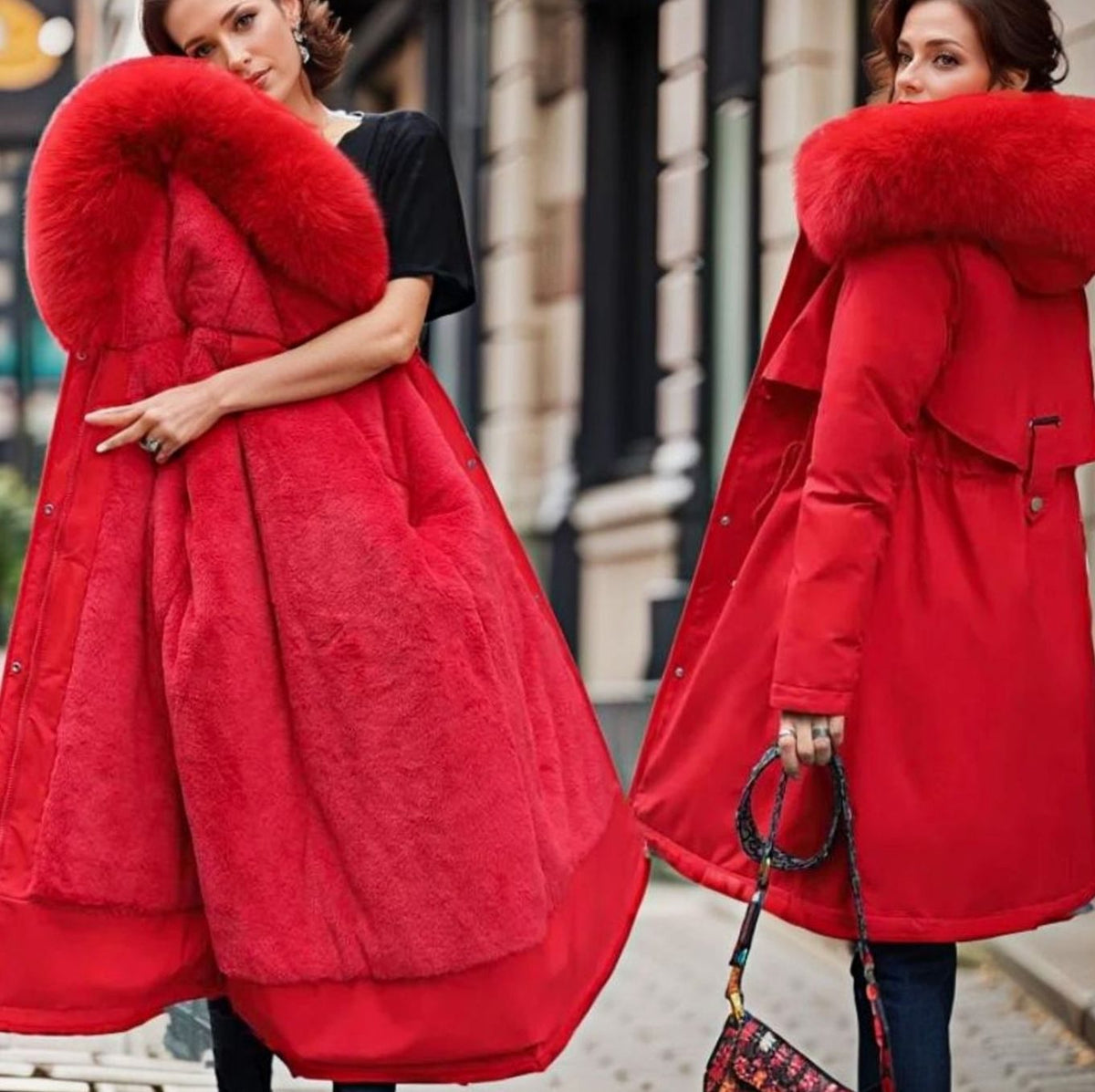 Women's Waterproof Hooded Faux-Fur Trim Winter Parka Coat - Red
