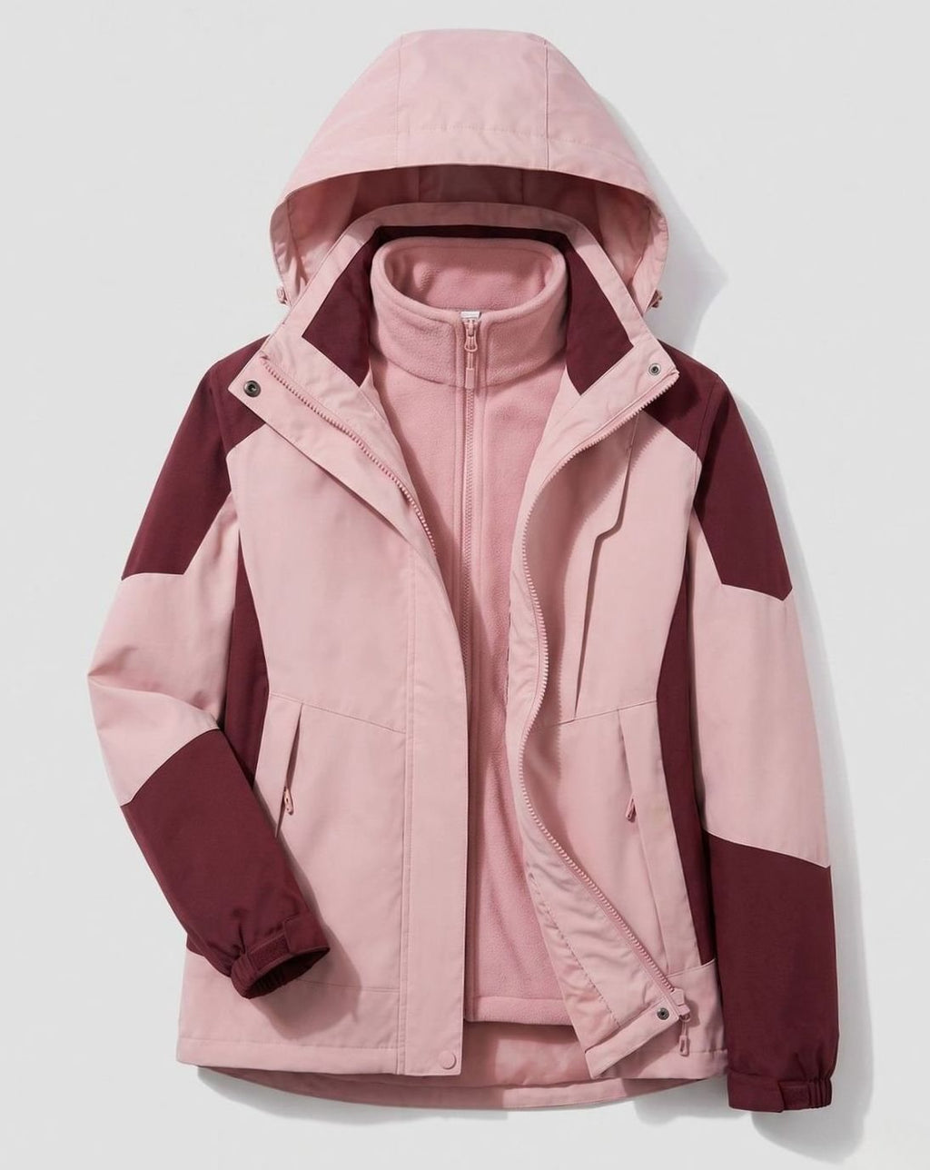Women's Waterproof Hooded Two-Layer Outdoor Rain Jacket - Women Rose-Wine Red (Single)