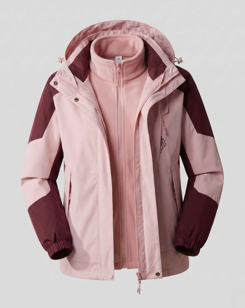 Women's Waterproof Hooded Two-Layer Outdoor Rain Jacket - Women Pink-Wine Red (2-Piece Set)