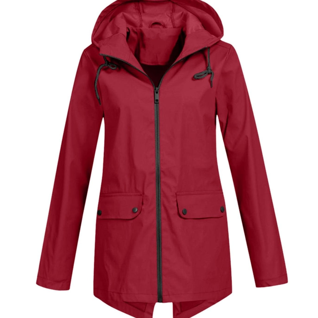 Women's Waterproof Hooded Zip-Up Breathable Rain Jacket - Wine Red