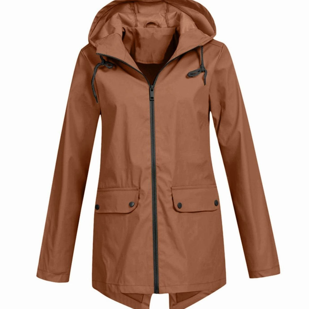 Women's Waterproof Hooded Zip-Up Breathable Rain Jacket - Coffee