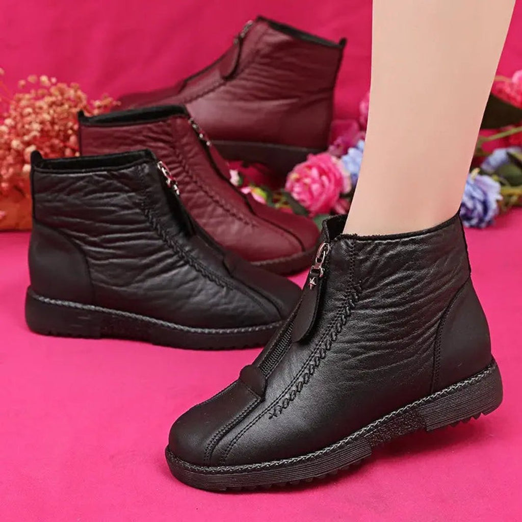 Women's Waterproof Non-Slip Zip-Up Leather Ankle Boots