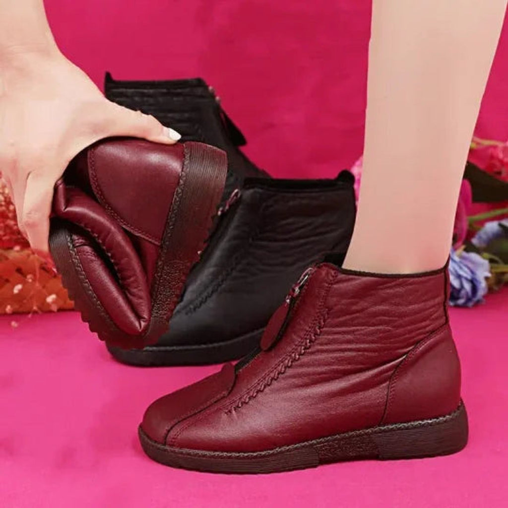 Women's Waterproof Non-Slip Zip-Up Leather Ankle Boots