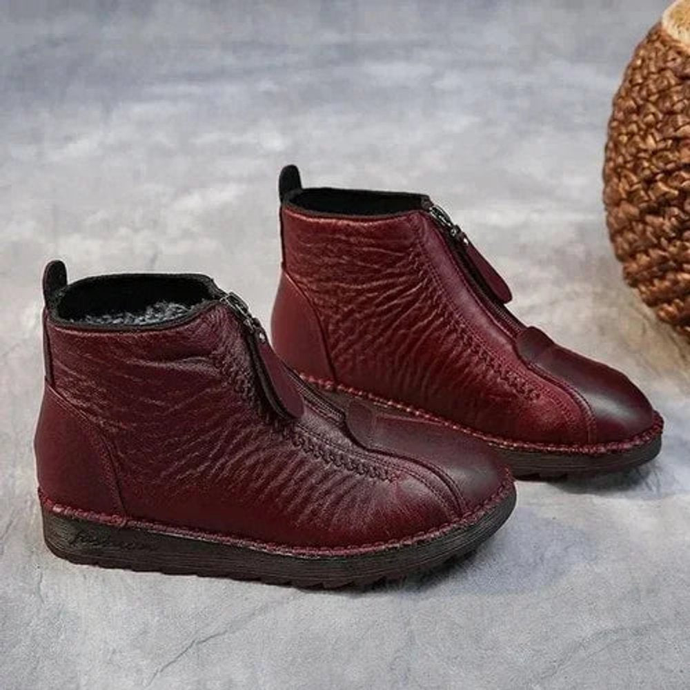 Women's Waterproof Non-Slip Zip-Up Leather Ankle Boots - Red