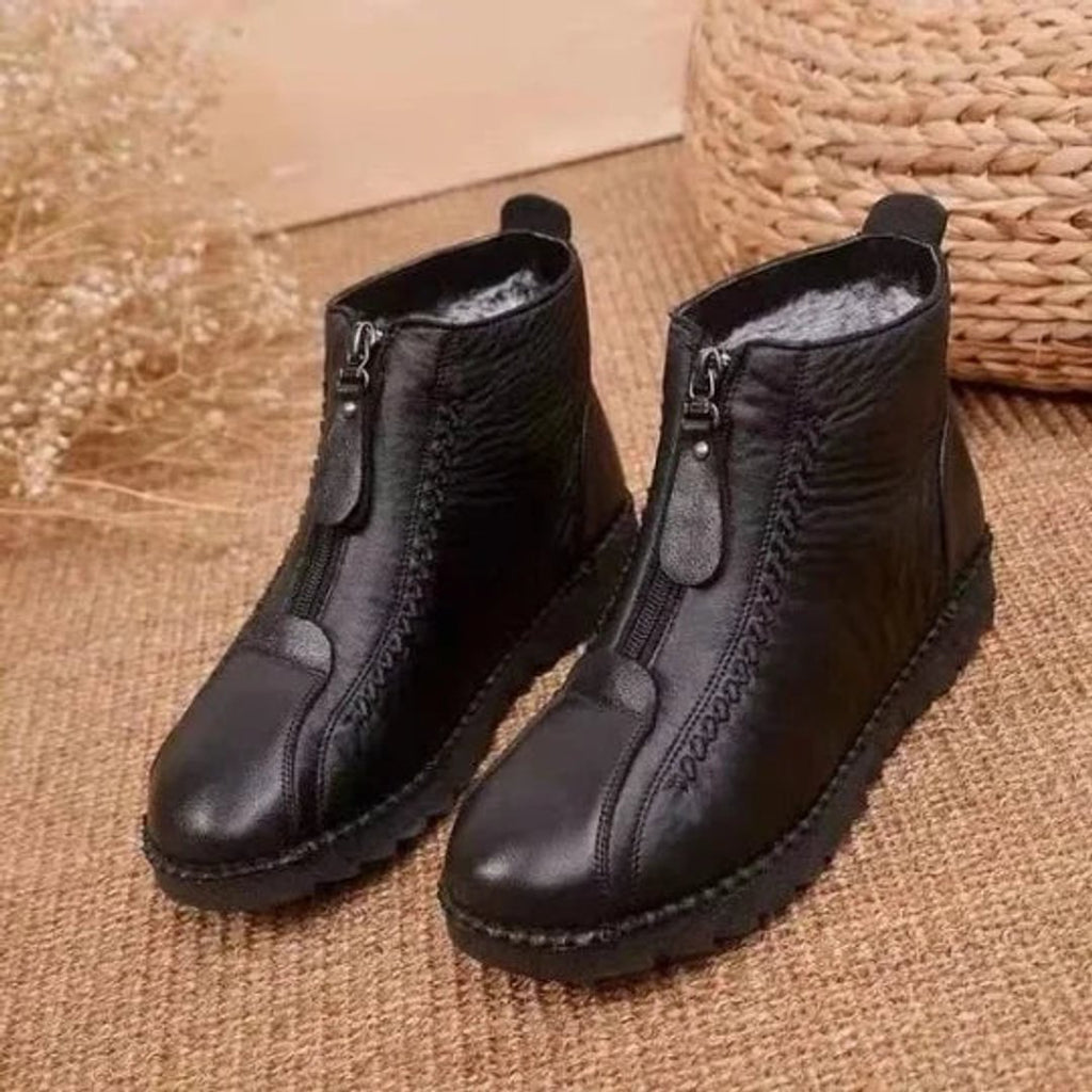 Women's Waterproof Non-Slip Zip-Up Leather Ankle Boots - Black