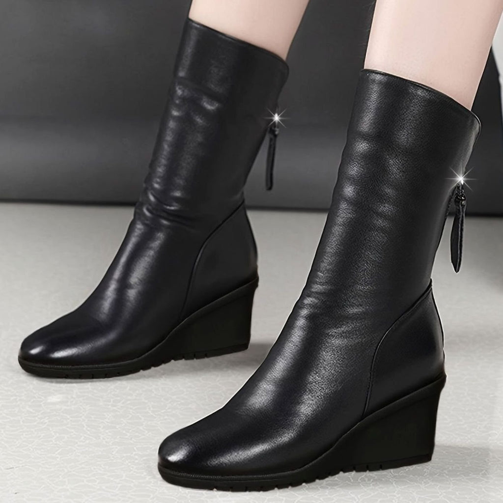 Women's Wedge Mid-Calf Boots Side-Zip Ruched Faux Leather