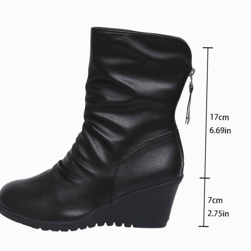 Women's Wedge Mid-Calf Boots Side-Zip Ruched Faux Leather