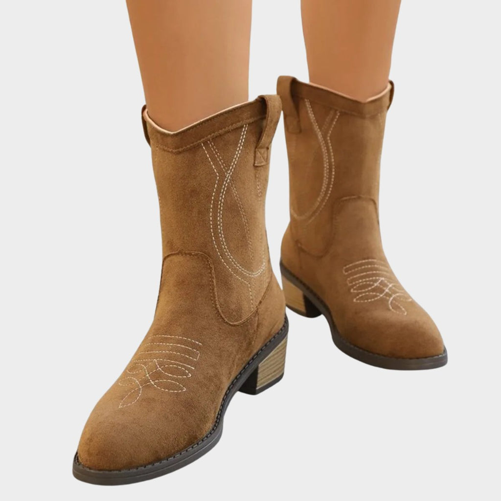 Women's Western Suede Embroidered Mid-Calf Ankle Boots