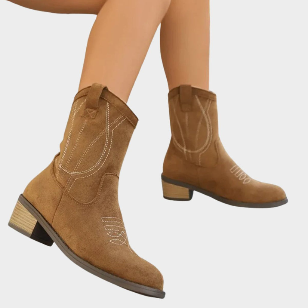 Women's Western Suede Embroidered Mid-Calf Ankle Boots - Khaki