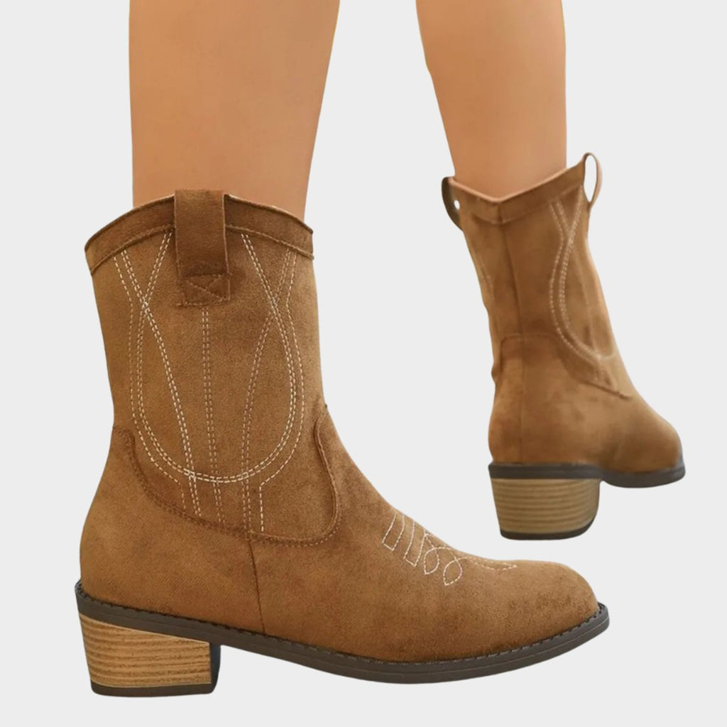 Women's Western Suede Embroidered Mid-Calf Ankle Boots