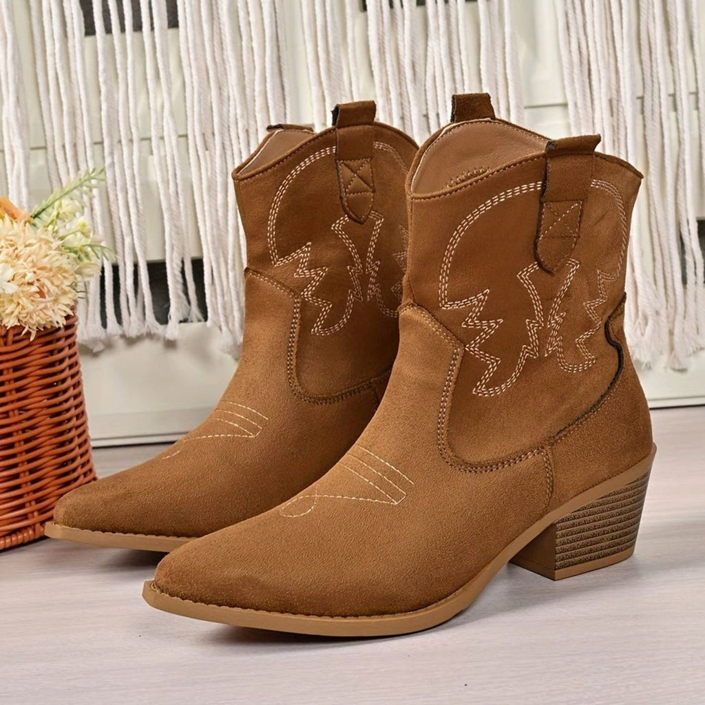Women's Wide Calf Embroidered Slip-On Western Cowboy Boots - Light Brown