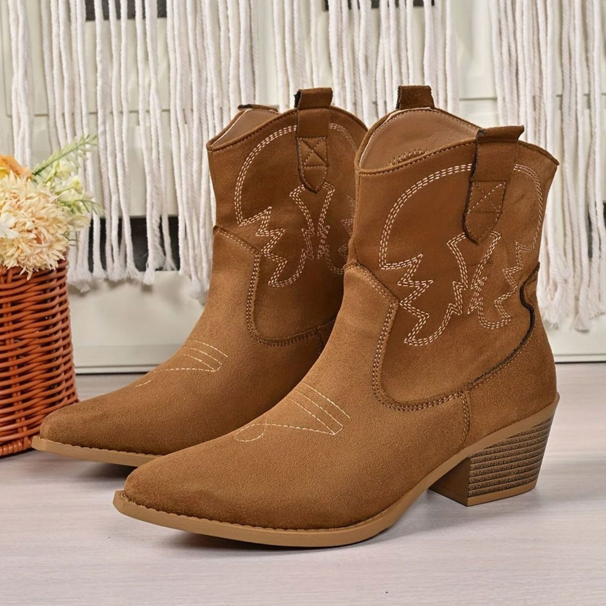 Women's Wide Calf Embroidered Slip-On Western Cowboy Boots