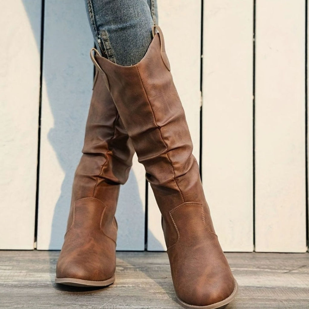 Women's Wide-Calf Pull-On Western Knee-High Boots Flat Heel