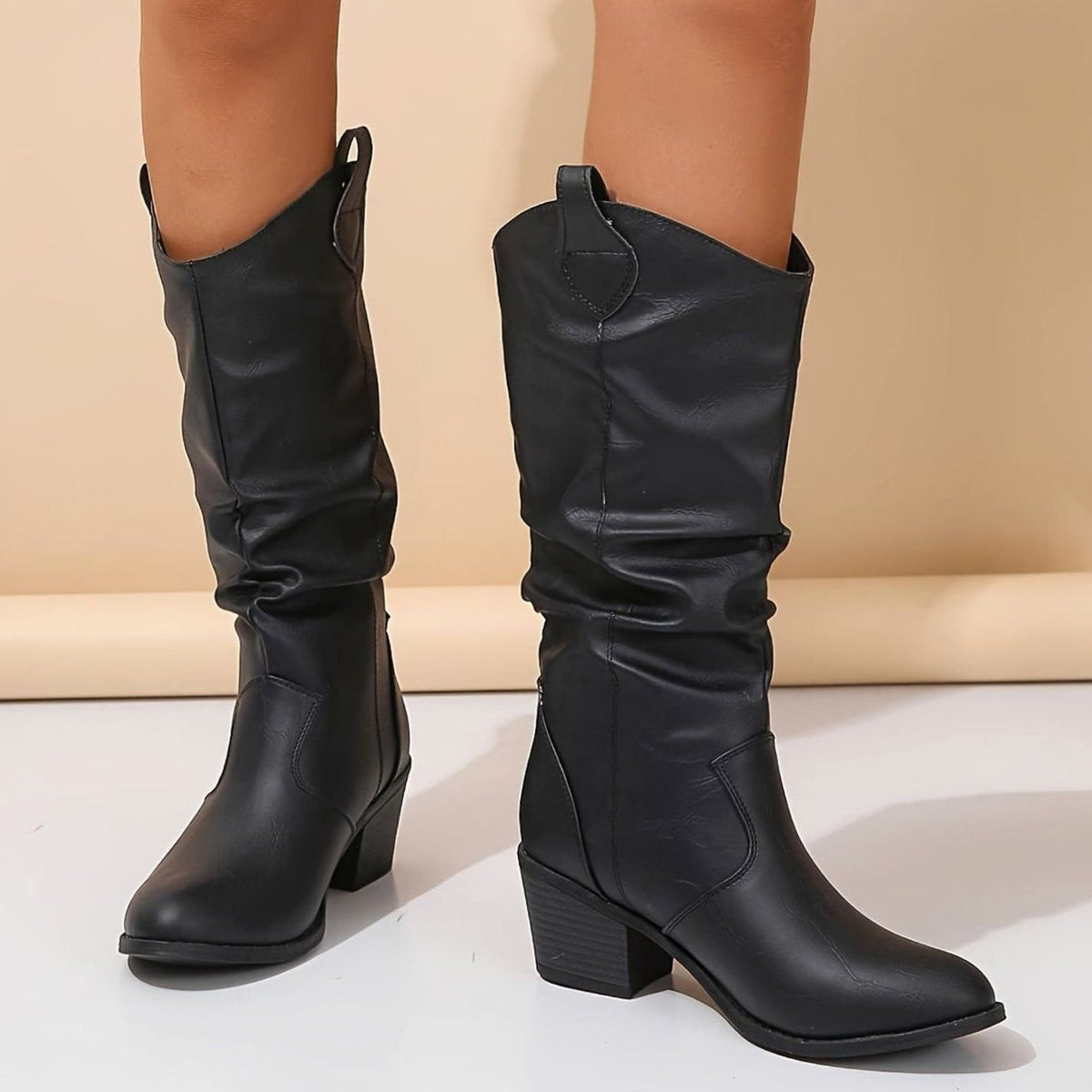Women's Wide-Calf Pull-On Western Knee-High Boots Flat Heel