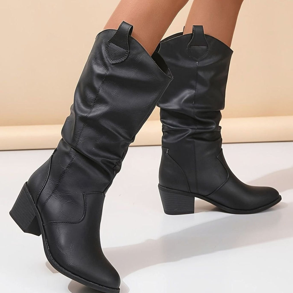 Women's Wide-Calf Pull-On Western Knee-High Boots Flat Heel - Black