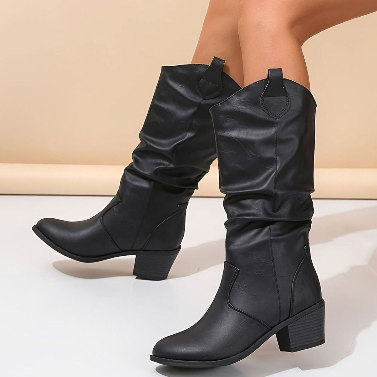 Women's Wide-Calf Pull-On Western Knee-High Boots Flat Heel