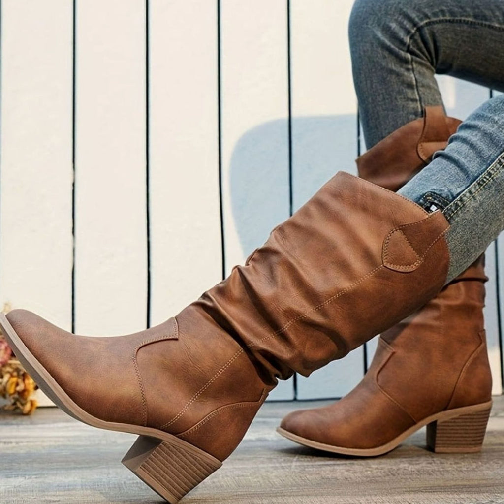 Women's Wide-Calf Pull-On Western Knee-High Boots Flat Heel