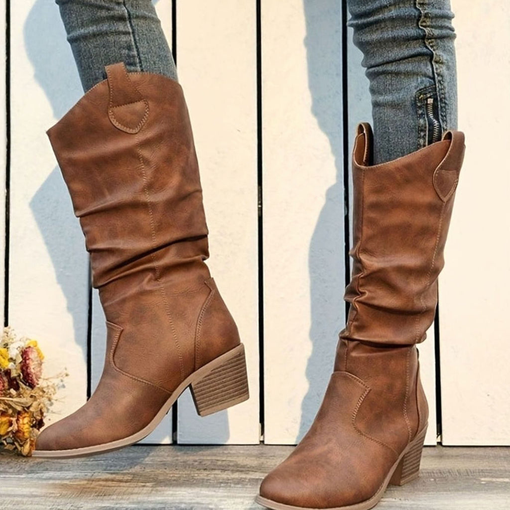 Women's Wide-Calf Pull-On Western Knee-High Boots Flat Heel