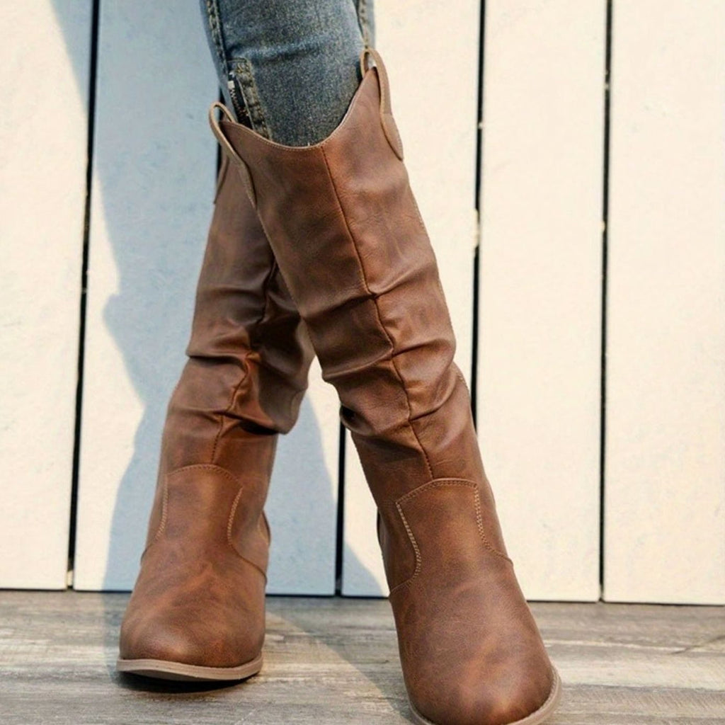 Women's Wide-Calf Pull-On Western Knee-High Boots Flat Heel