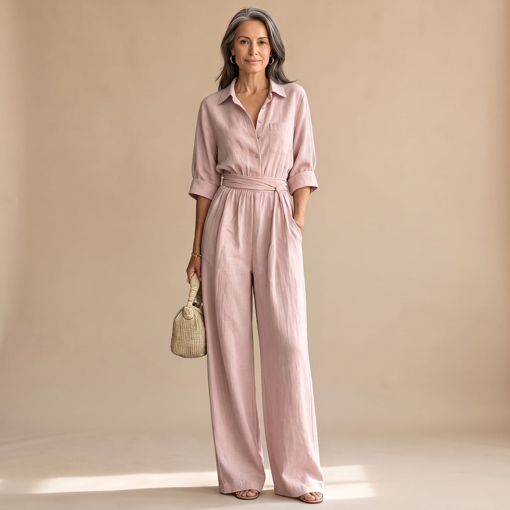 Women's Wide-Leg Belted Shirt-Collar Half-Sleeve Jumpsuit - Pink