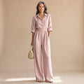 Women's Wide-Leg Belted Shirt-Collar Half-Sleeve Jumpsuit - Pink