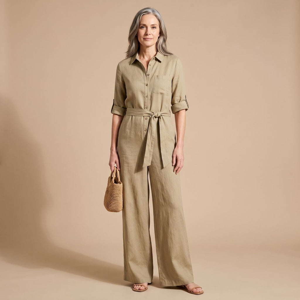 Women's Wide-Leg Belted Shirt-Collar Half-Sleeve Jumpsuit - Beige