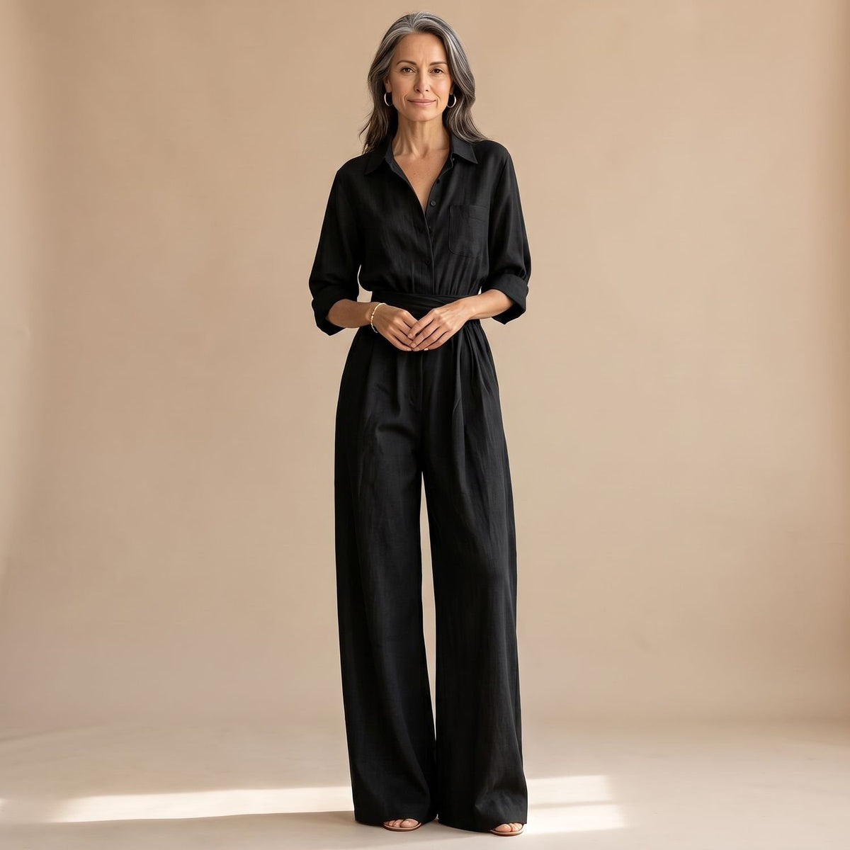 Women's Wide-Leg Belted Shirt-Collar Half-Sleeve Jumpsuit - Black