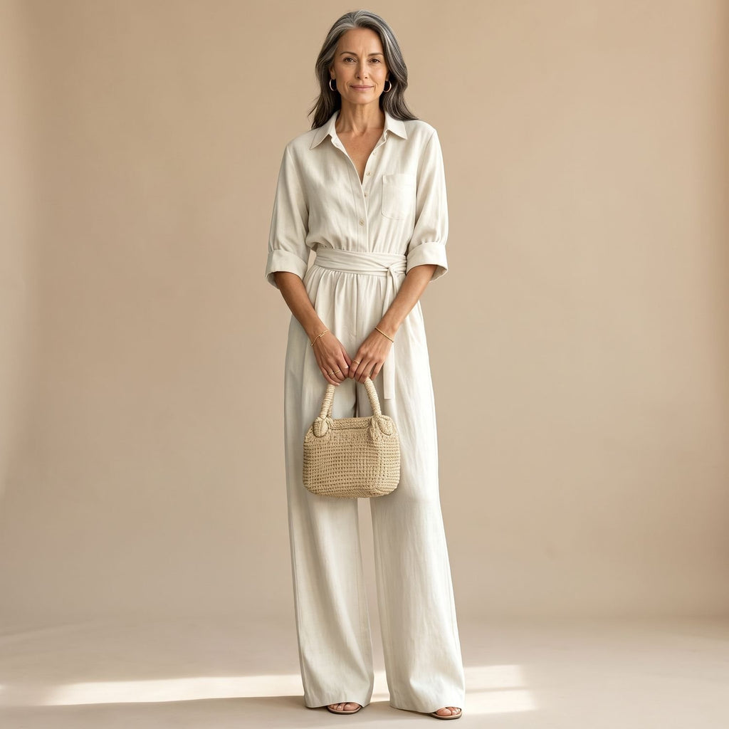 Women's Wide-Leg Belted Shirt-Collar Half-Sleeve Jumpsuit - White