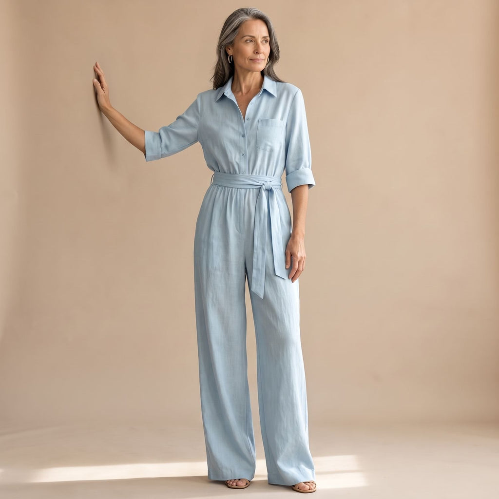 Women's Wide-Leg Belted Shirt-Collar Half-Sleeve Jumpsuit - Light Blue