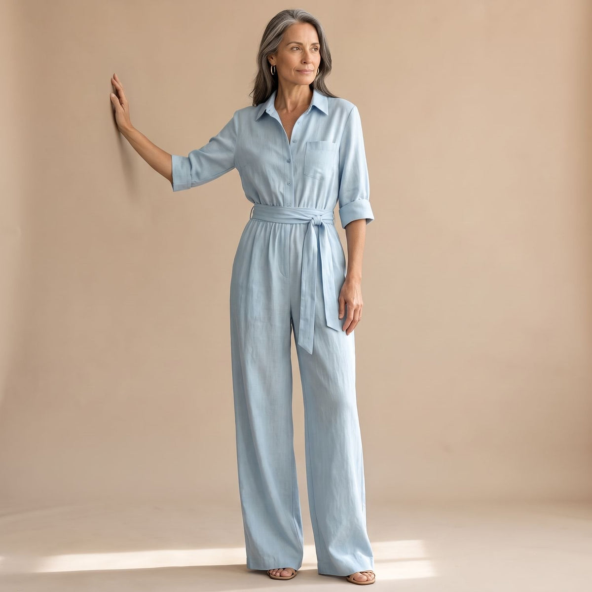 Women's Wide-Leg Belted Shirt-Collar Half-Sleeve Jumpsuit - Light Blue
