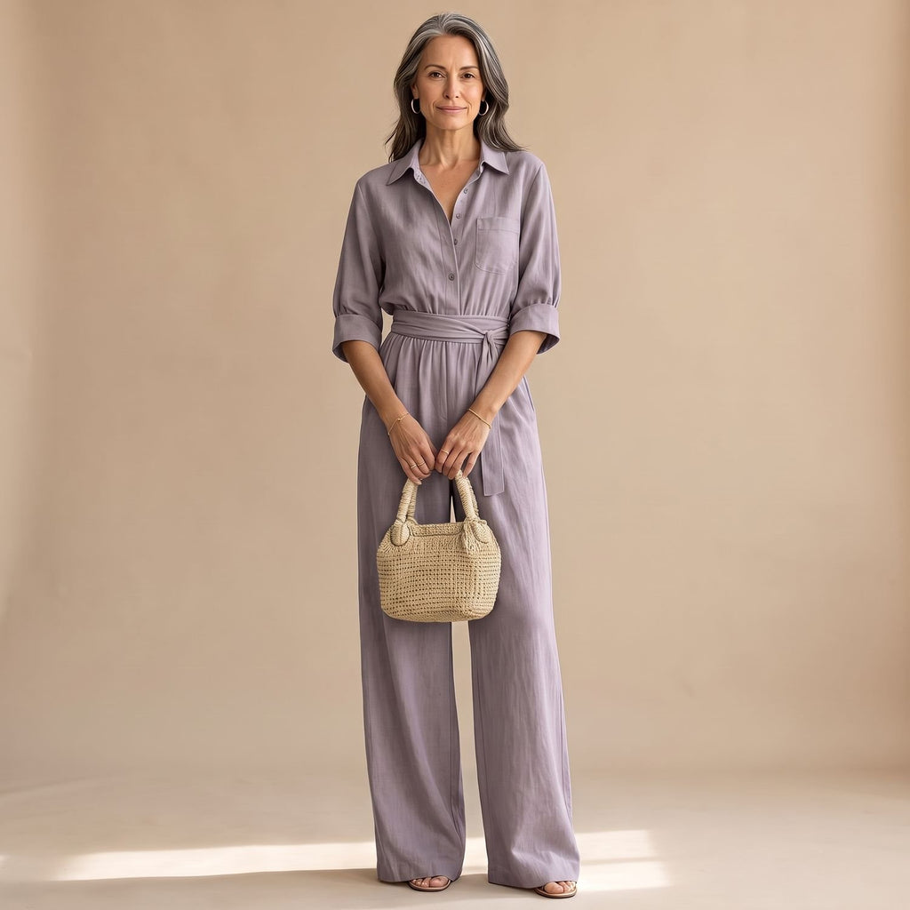 Women's Wide-Leg Belted Shirt-Collar Half-Sleeve Jumpsuit - Gray