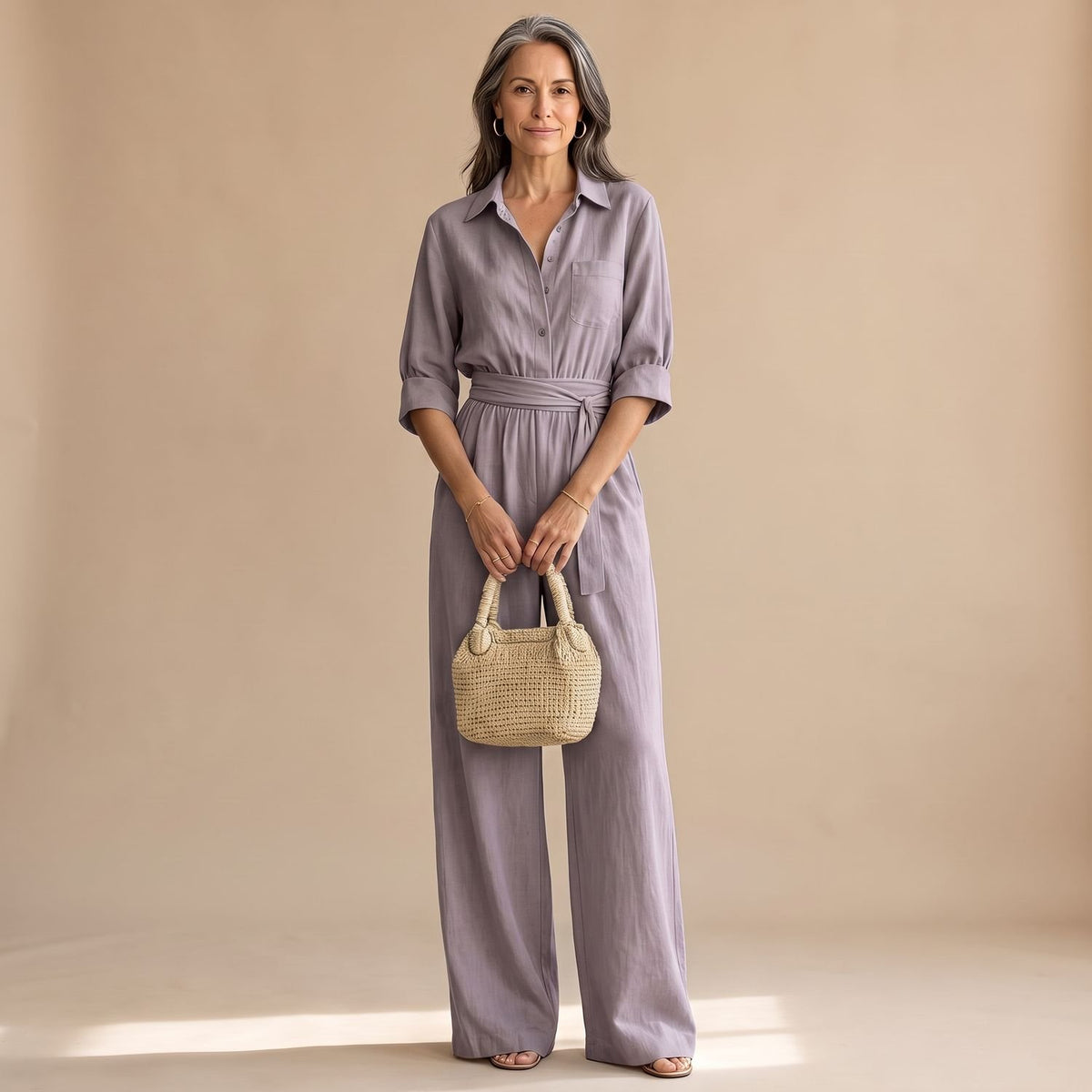 Women's Wide-Leg Belted Shirt-Collar Half-Sleeve Jumpsuit - Gray