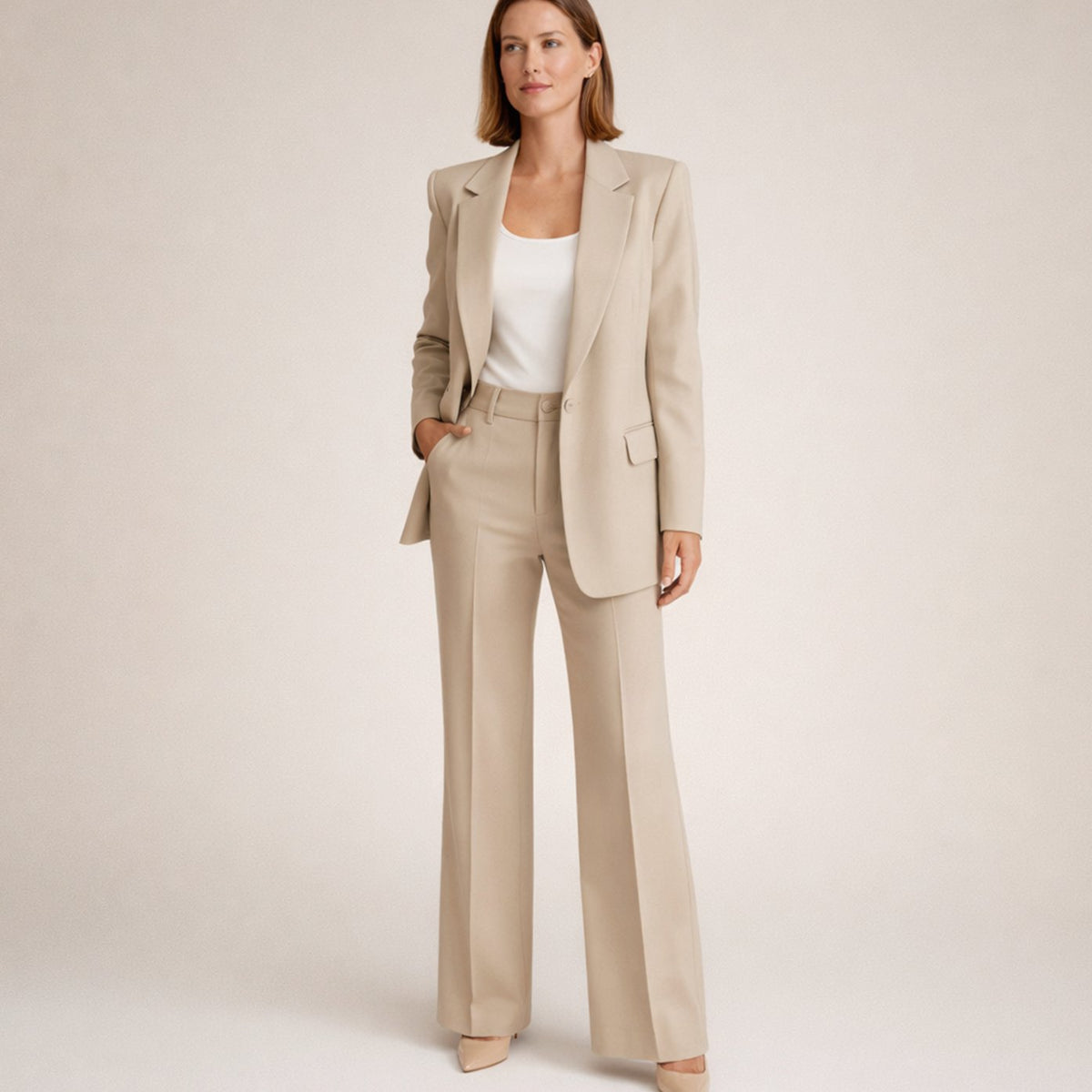 Women's Wide-Leg High-Waist Blazer Pants Two-Piece Suit Set - Beige