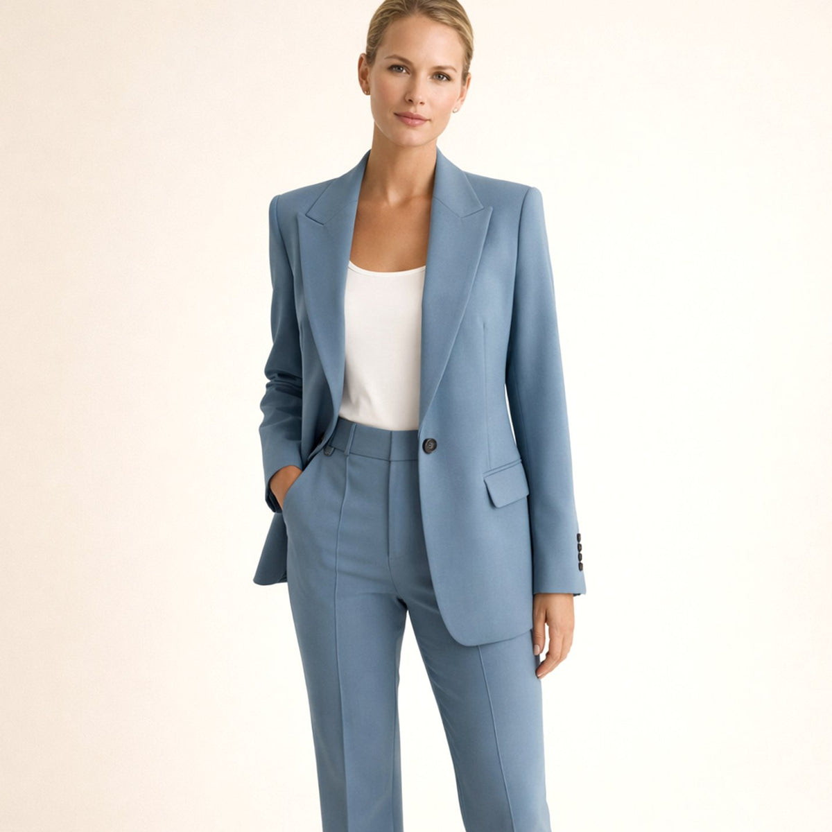 Women's Wide-Leg High-Waist Blazer Pants Two-Piece Suit Set - Navy Blue