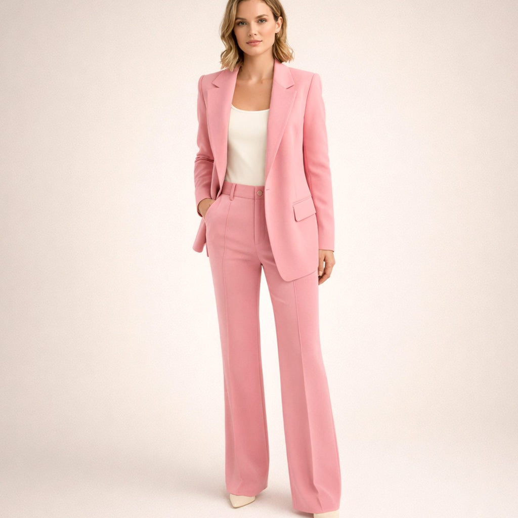Women's Wide-Leg High-Waist Blazer Pants Two-Piece Suit Set - Pink