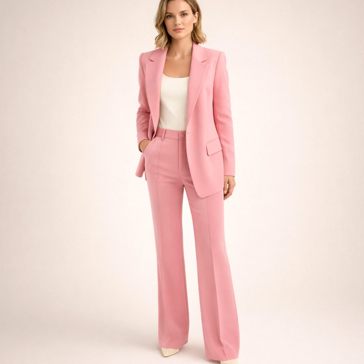 Women's Wide-Leg High-Waist Blazer Pants Two-Piece Suit Set - Pink