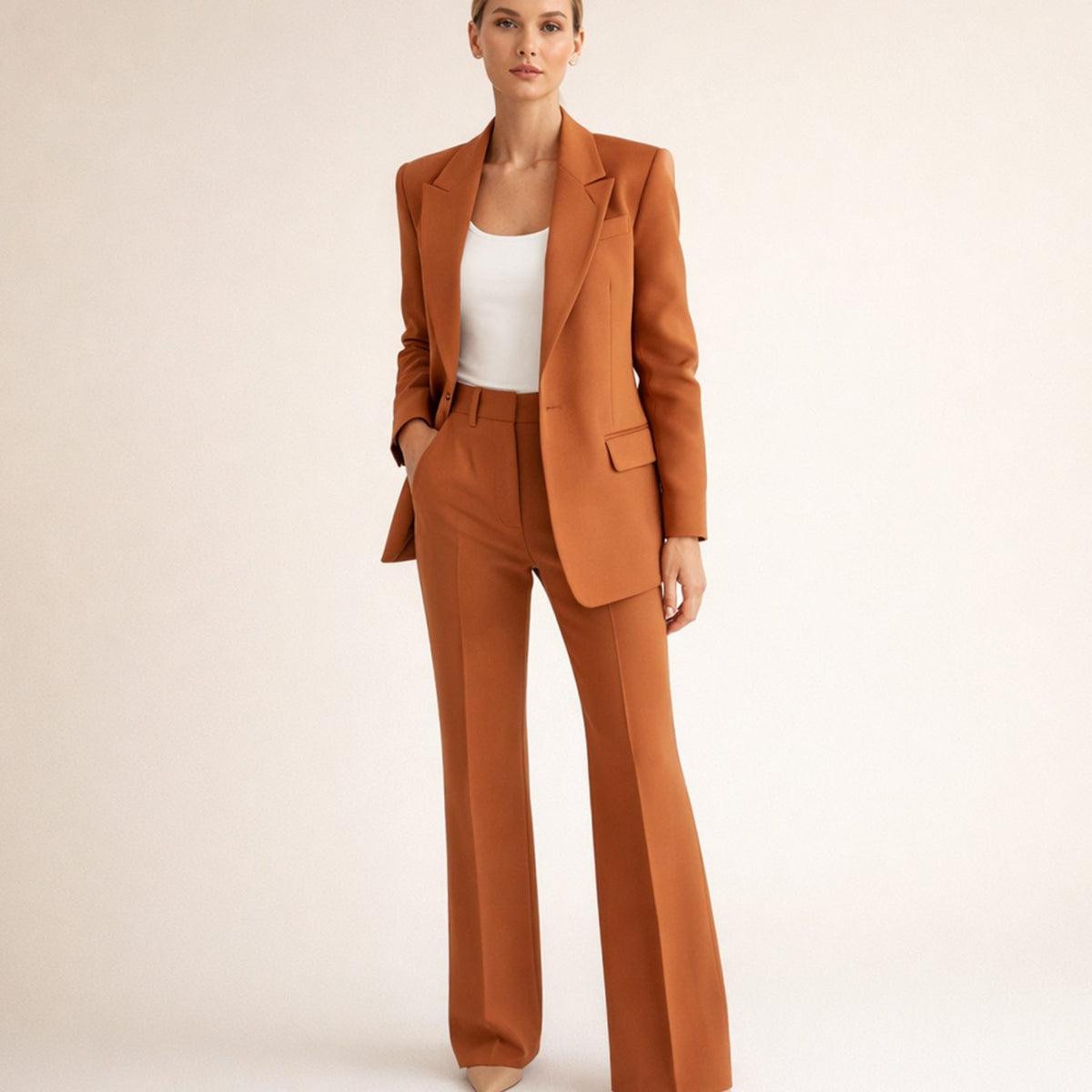 Women's Wide-Leg High-Waist Blazer Pants Two-Piece Suit Set - Brown