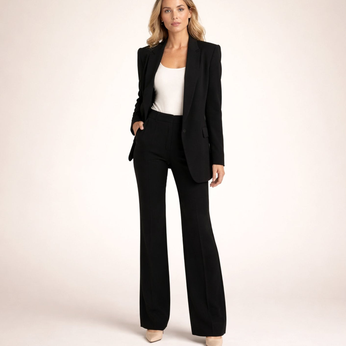 Women's Wide-Leg High-Waist Blazer Pants Two-Piece Suit Set - Black